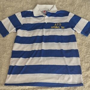 80s Alpha Tau Omega fraternity Stripe shirt L Vtg Single Stitch Embroidered Polo